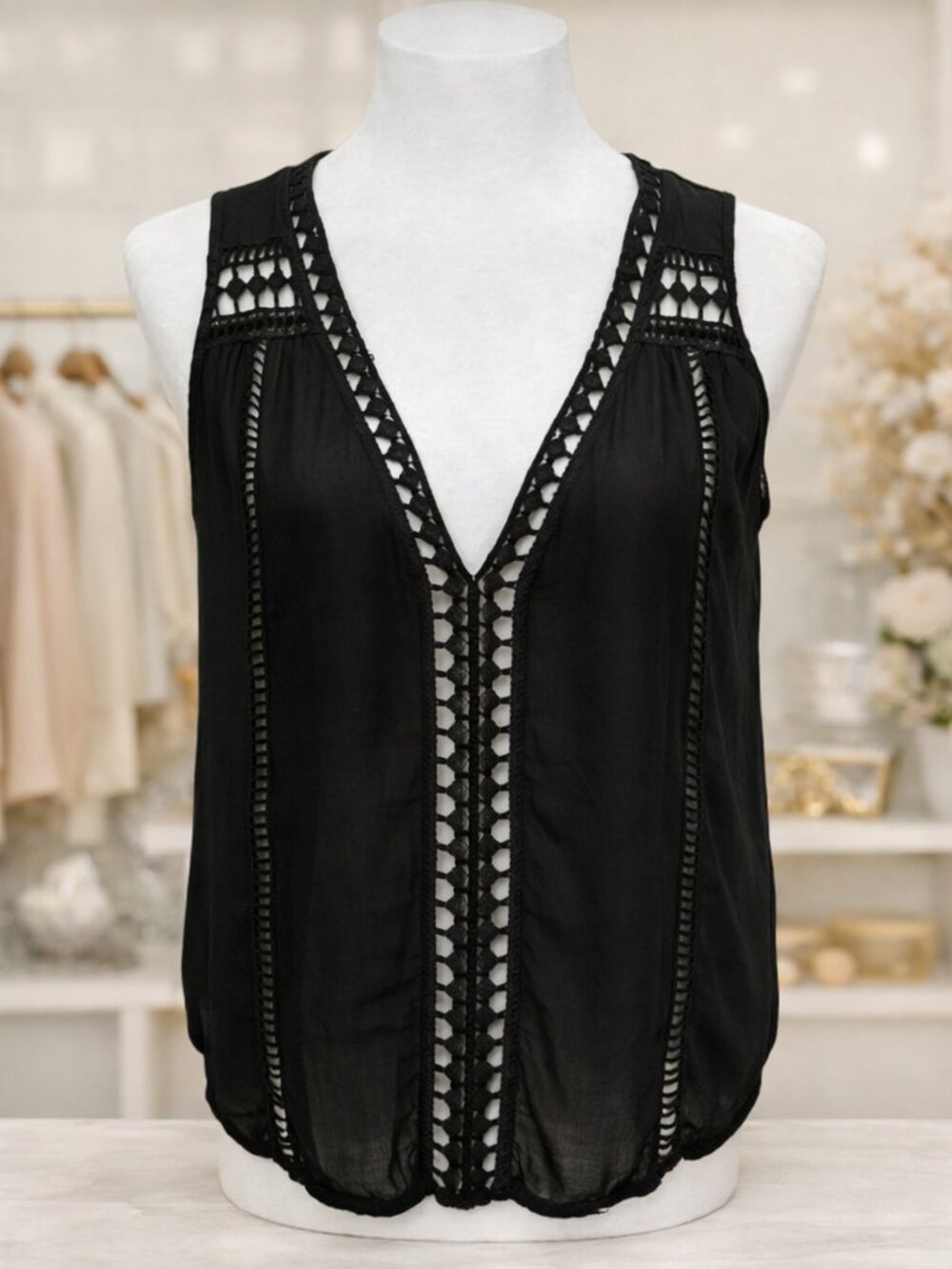 Black Crochet Lace Trim Sleeveless Blouse Boho Chic Minimalist Fairycore Gypsy